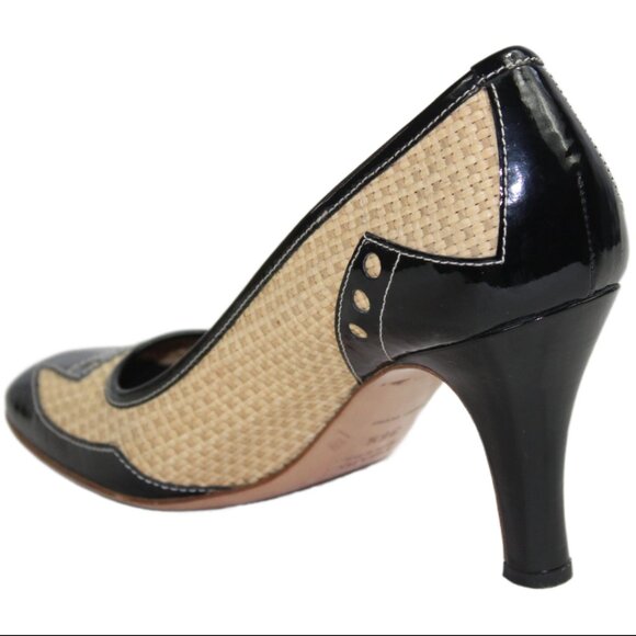 Prada Black Patent Woven Tan Raffia Distinct Toe Cap Pumps, Size 36.5 (US 6.5) - Picture 4 of 8